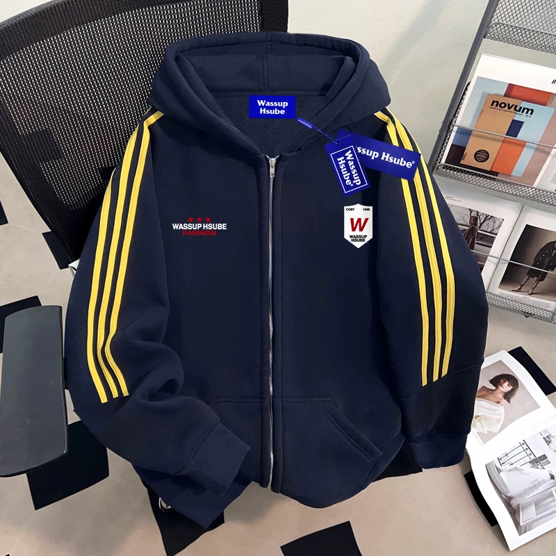 WASSUP HSUBE藏青拉黄三条杠开衫连帽卫衣慵懒风宽松休闲上衣外套