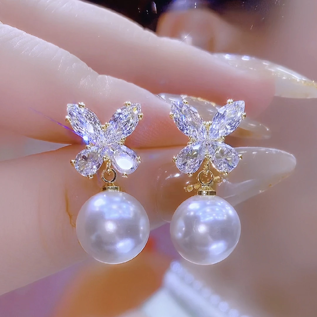 铜合金合成锆石耳饰 气质时尚温柔百搭轻奢简约蝴蝶耳钉