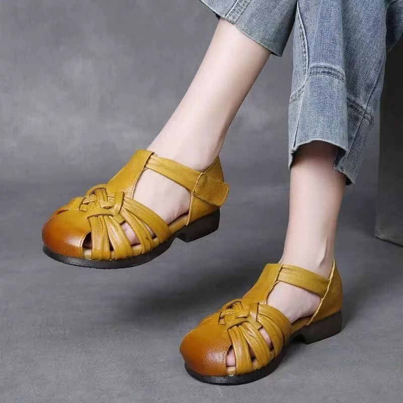 2550吉夏季新款牛皮手工编织软底妈妈鞋复古镂空透气包头罗马凉鞋