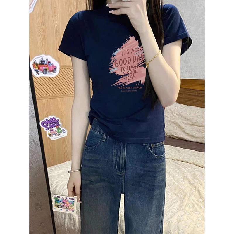 2025新款正肩印花短袖t恤女时尚百搭洋气减龄藏青上衣打底衫夏季