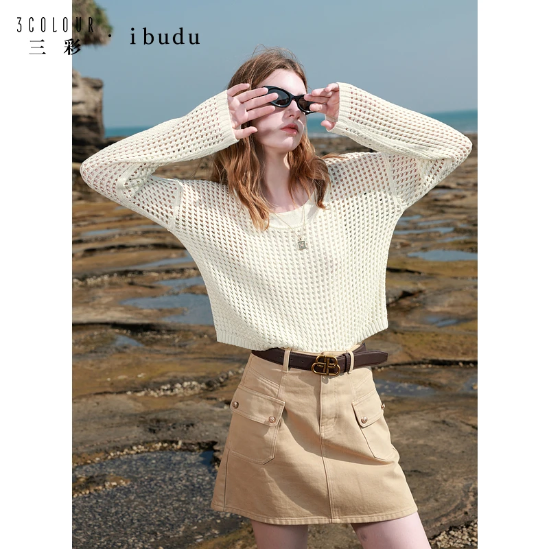 三彩ibudu2025春季新款两件套针织衫吊带洞洞衫罩衫宽松休闲女