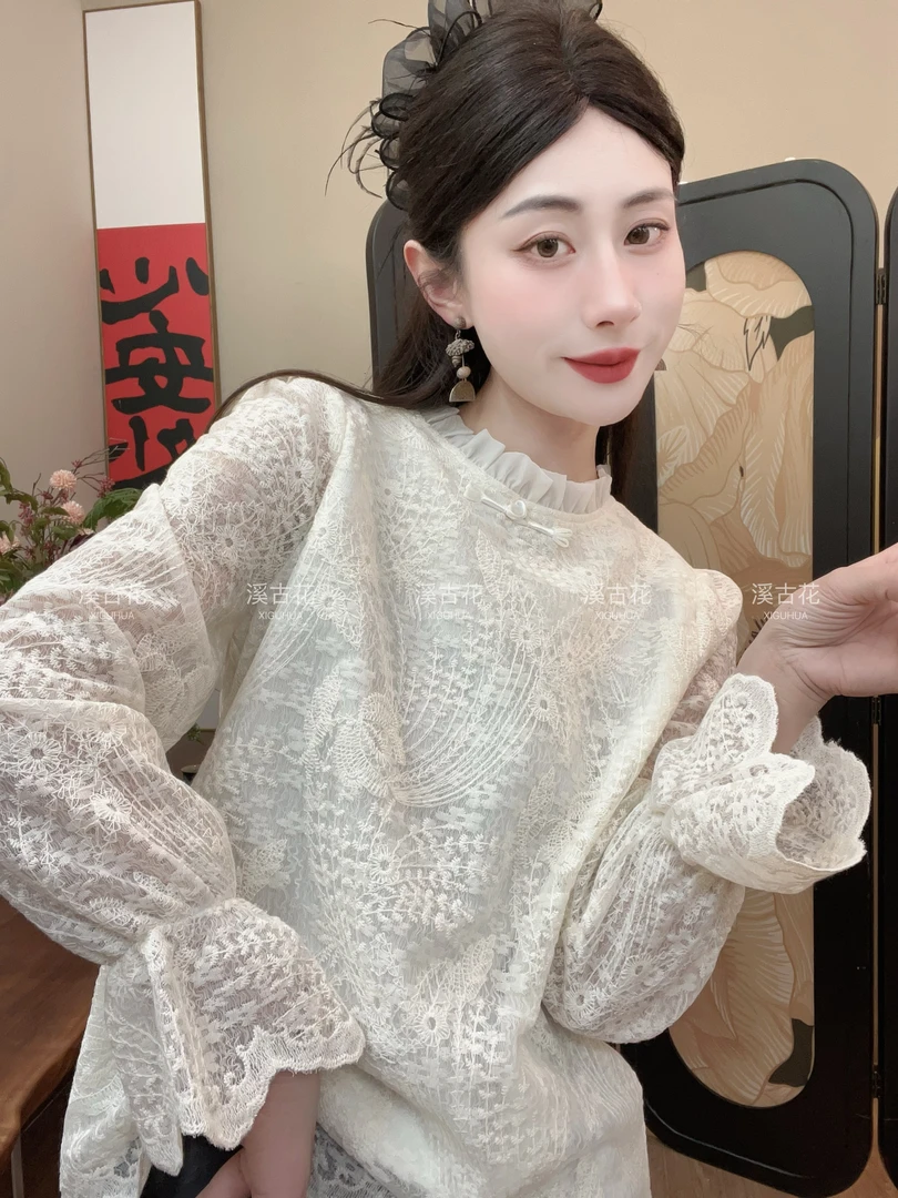 【南浔】春夏新款新中式国风刺绣小衫女长袖百搭镂空宽松