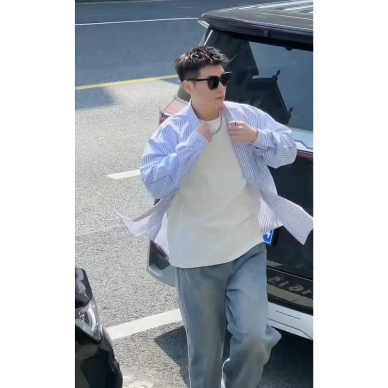蓝色竖条纹衬衫男款春季内搭叠穿外套cleanfit慵懒高级感宽松衬衣