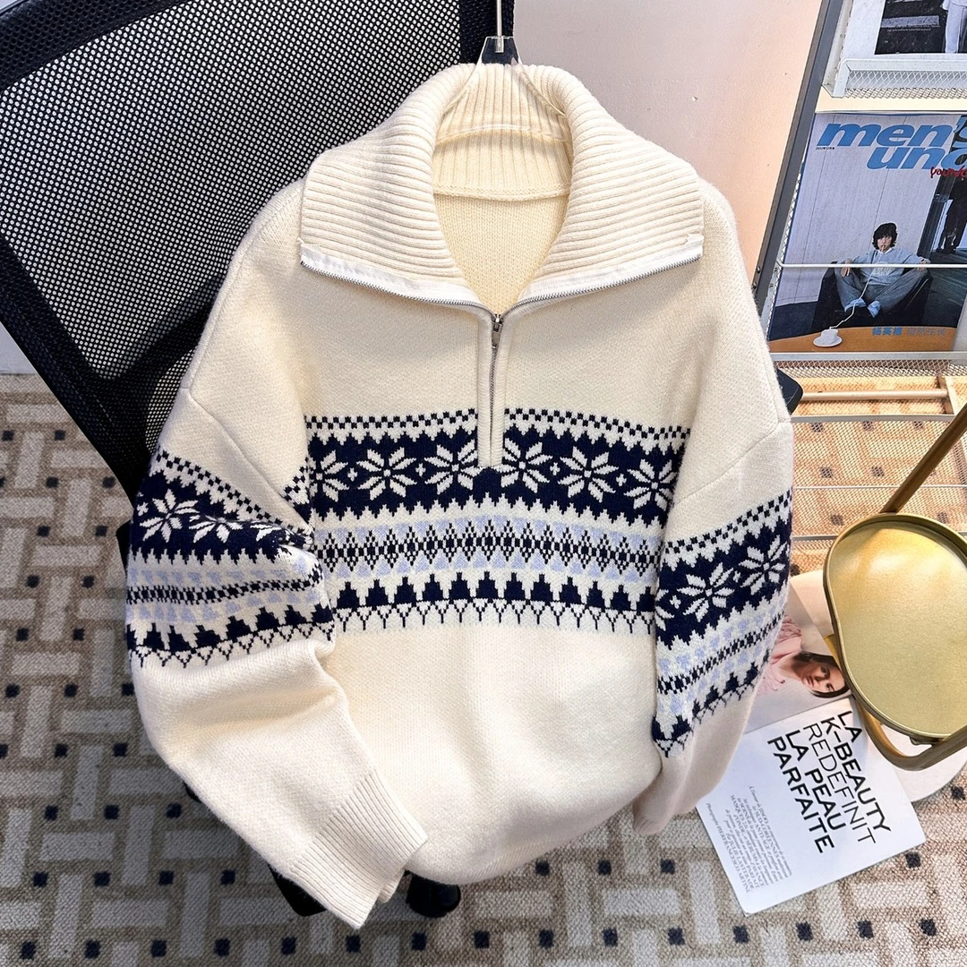 费尔岛提花米色针织衫男冬美式半拉链高领毛衣慵懒感宽松情侣外套