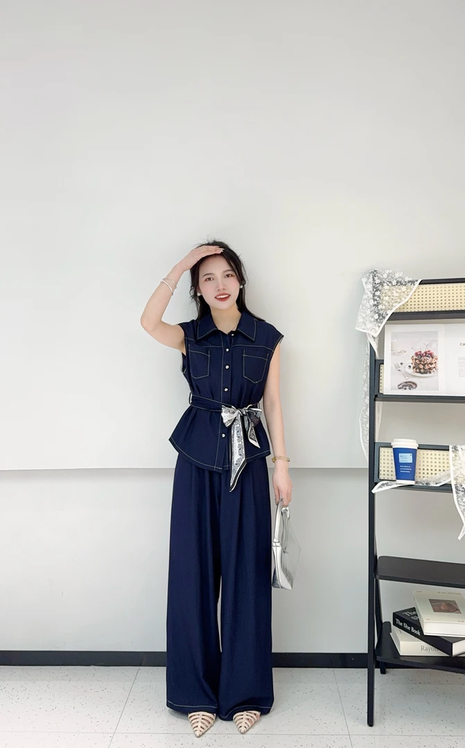 【瑶瑶专属】89095【衣长60裤长98】超气质修身无袖上衣阔腿裤两件套