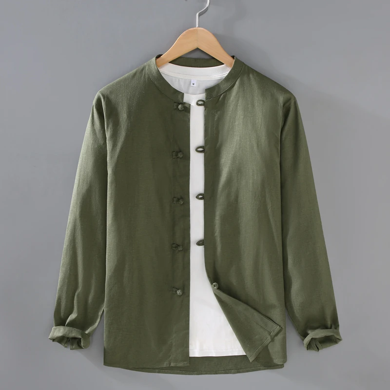 2025新款纯色亚麻盘扣立领衬衫麻布男装新中式国风棉麻料衬衣开衫