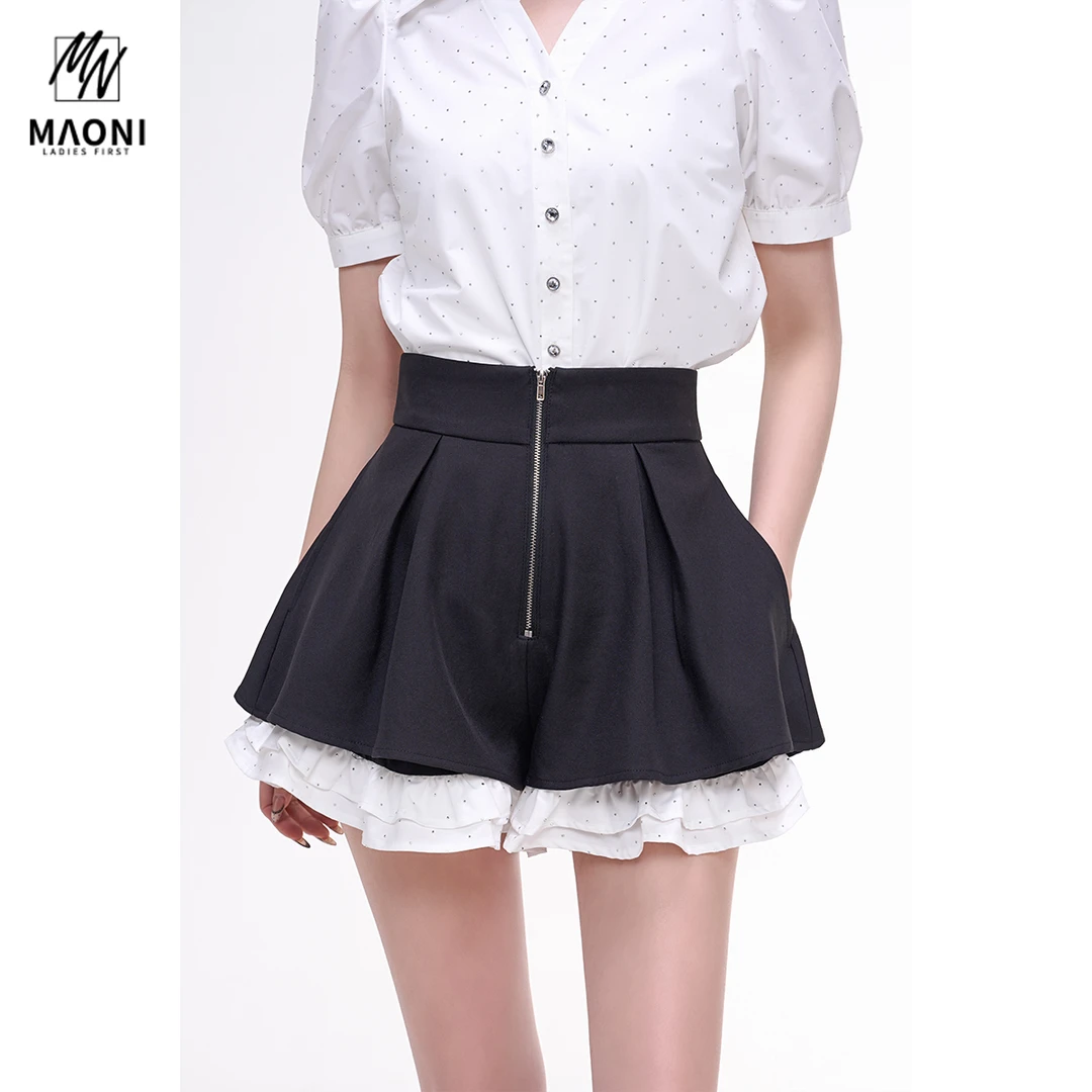 毛妮Peshe【拉链腰头烫钻短裤】高腰阔腿显瘦a字荷叶边甜美L1596