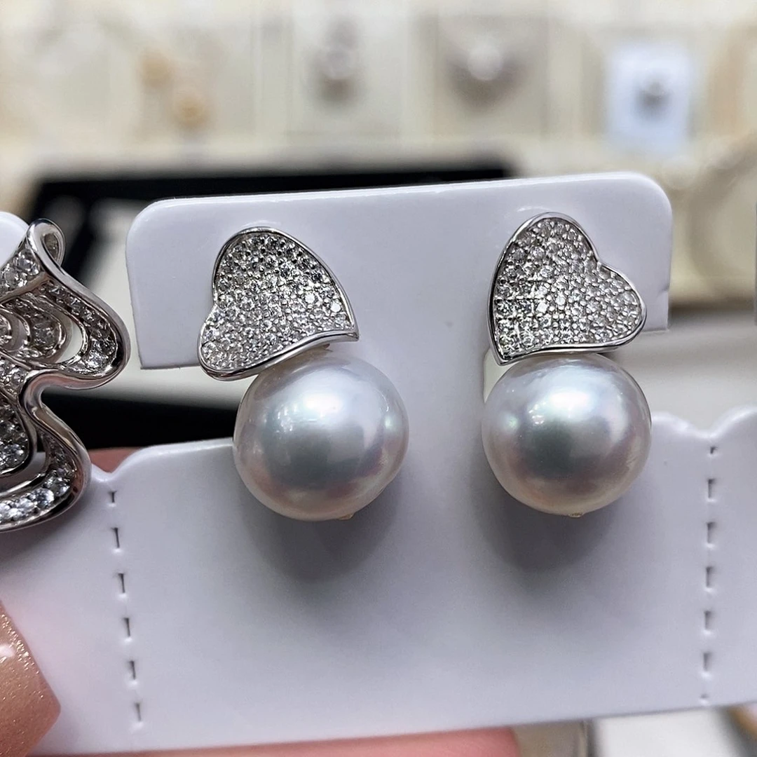 海水珍珠耳饰银S925镶嵌10-11mm宝石光