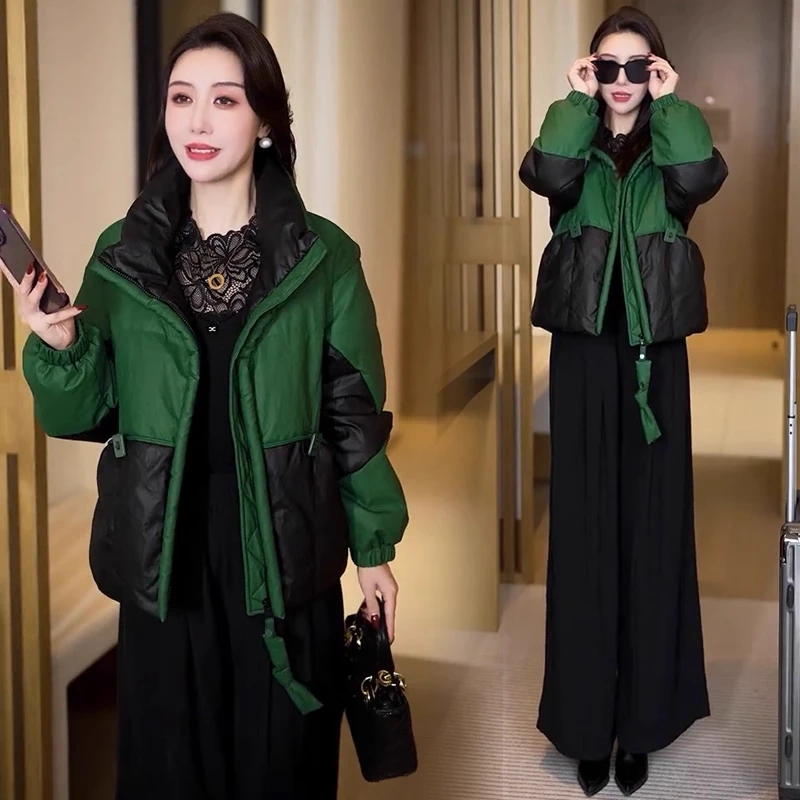 时尚短款拼接棉服女2025冬季新款洋气显瘦宽松立领面包服棉袄外套