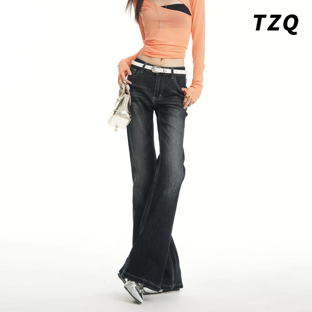 美式复古不贴腿微喇牛仔裤女秋季新款低腰显瘦喇叭裤TZQ25101501