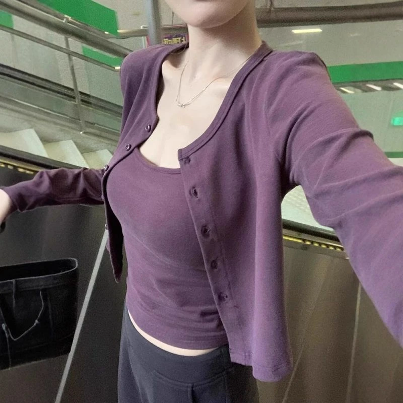 2025韩系辣妹紫色吊带背心开衫T恤短款修身上衣两件套装女春秋季