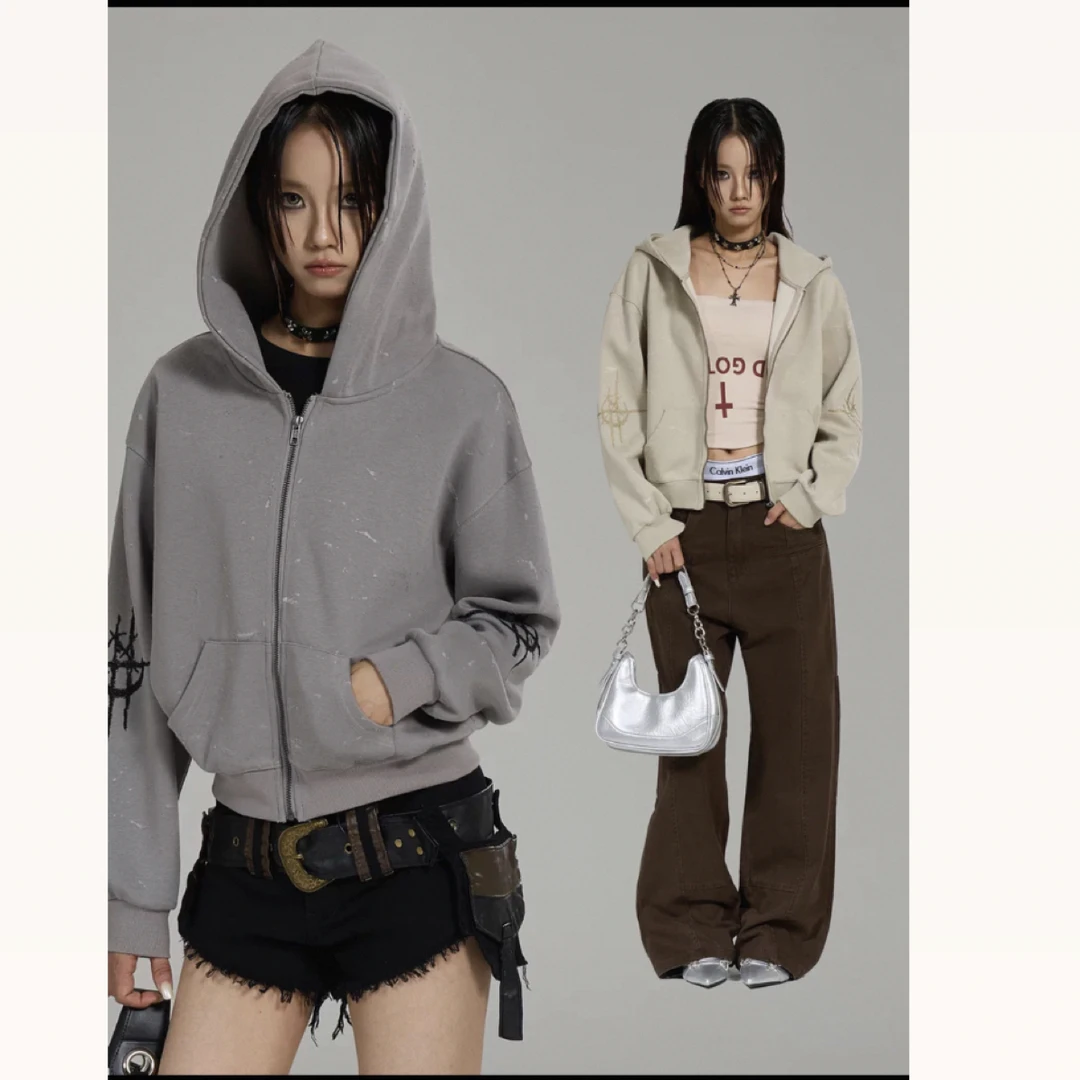 R8019连帽虫蚀破洞卫衣外套