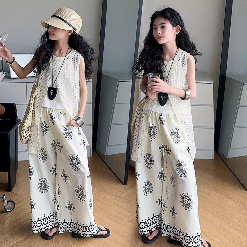 女童套装2025新款夏季洋气时髦中大儿童无袖镂空复古阔腿裤三件套