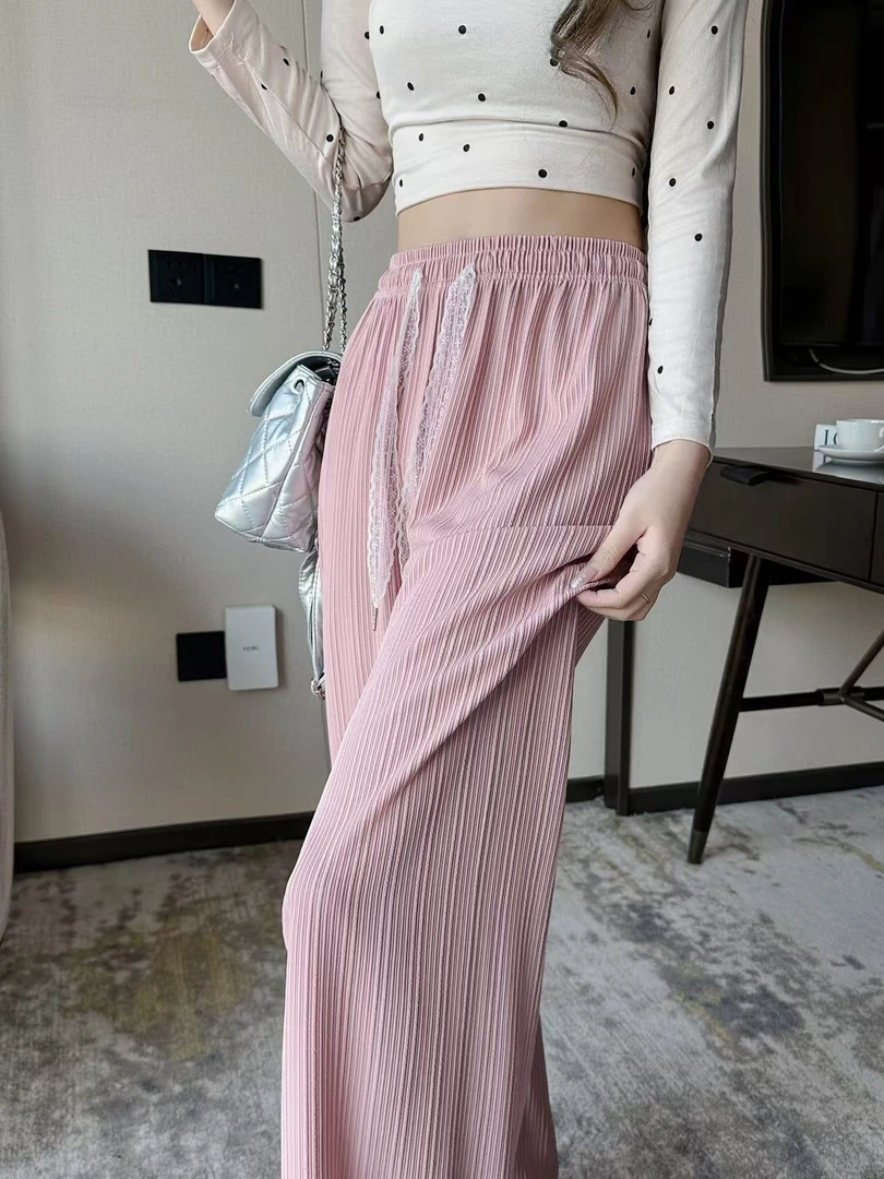 826百邹条阔腿裤女夏季薄款高腰垂感直筒休闲裤子