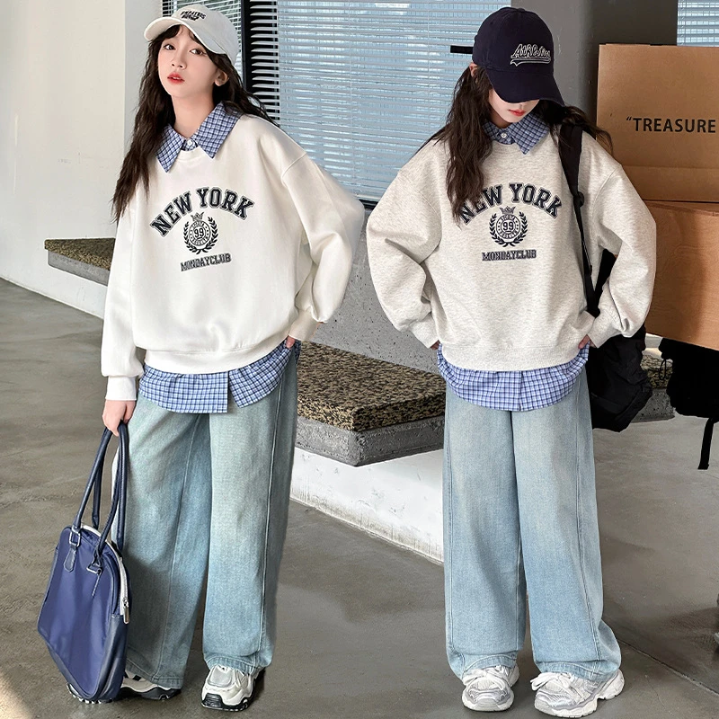 女童春秋休闲套装格子假两件卫衣牛仔裤套装中大童儿童春款两件套