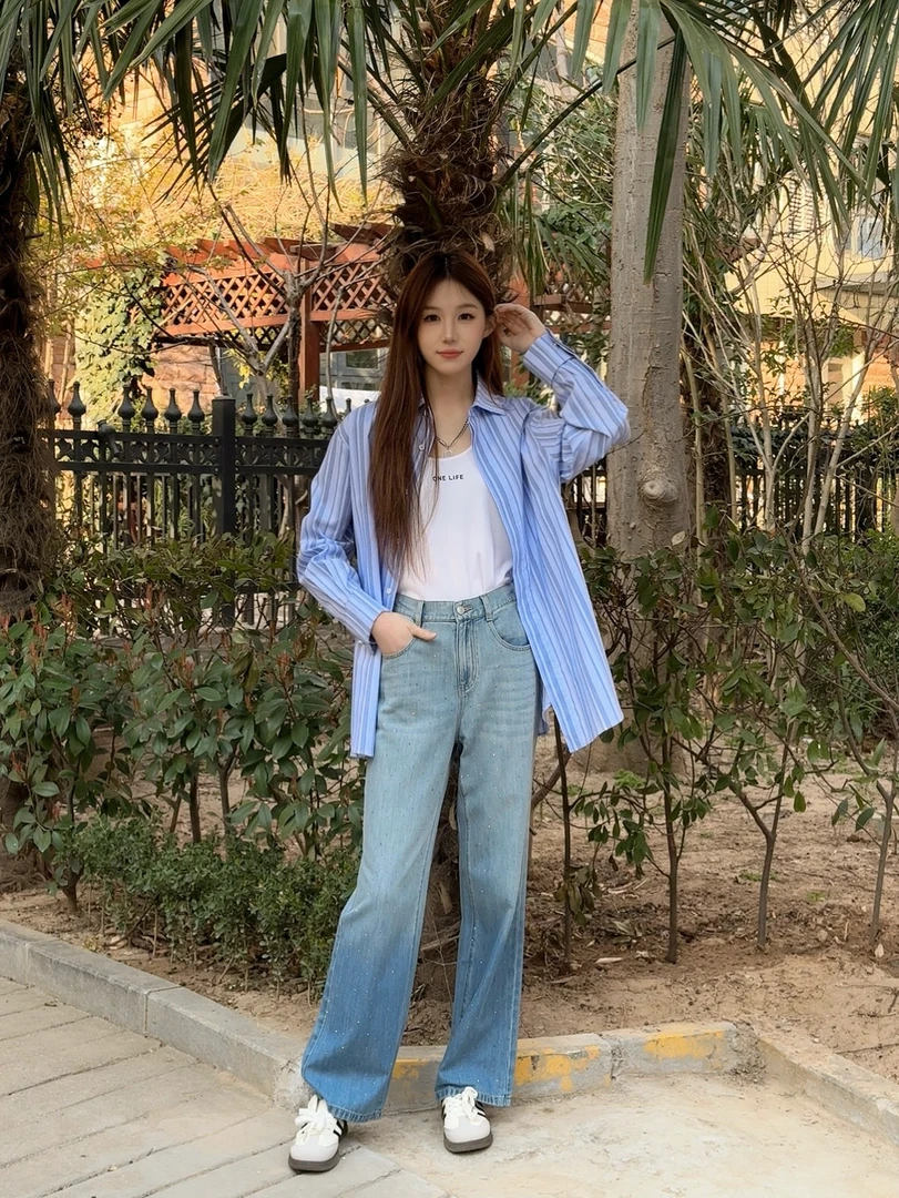 易缔媤/D33510蓝条纹衬衣长袖百搭宽松中长款韩版早秋服装