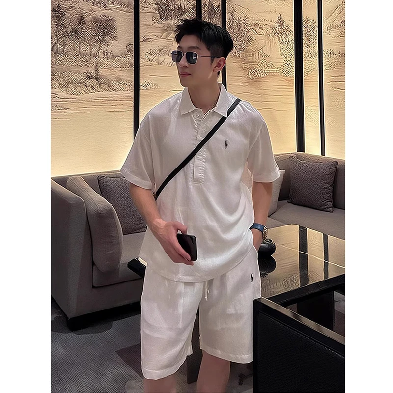 老钱风新贵亚麻套装男款夏季老钱风短袖POLO衫搭配棉麻短裤一整套