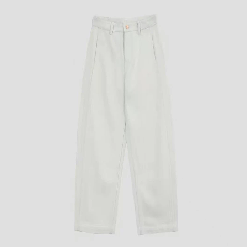 浅蓝灰色中高腰长裤口袋百搭裤子透气休闲风牛仔裤阔腿宽松白色