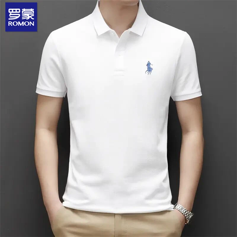 罗蒙夏季100%纯棉短袖T恤2025新款男士翻领商务P罗蒙夏季短袖Polo