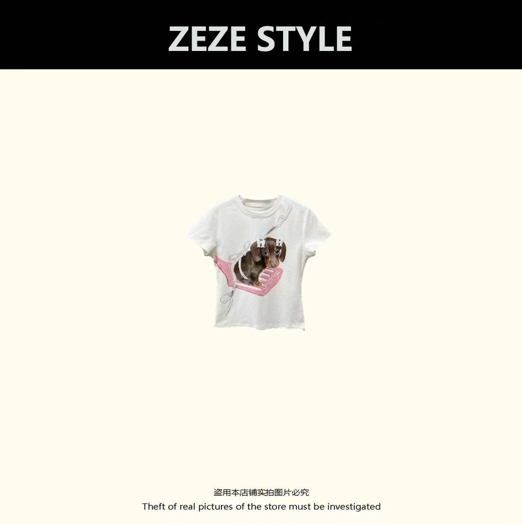 【多多专属】小众小腊肠狗印花修身短袖T恤女夏季2025新款