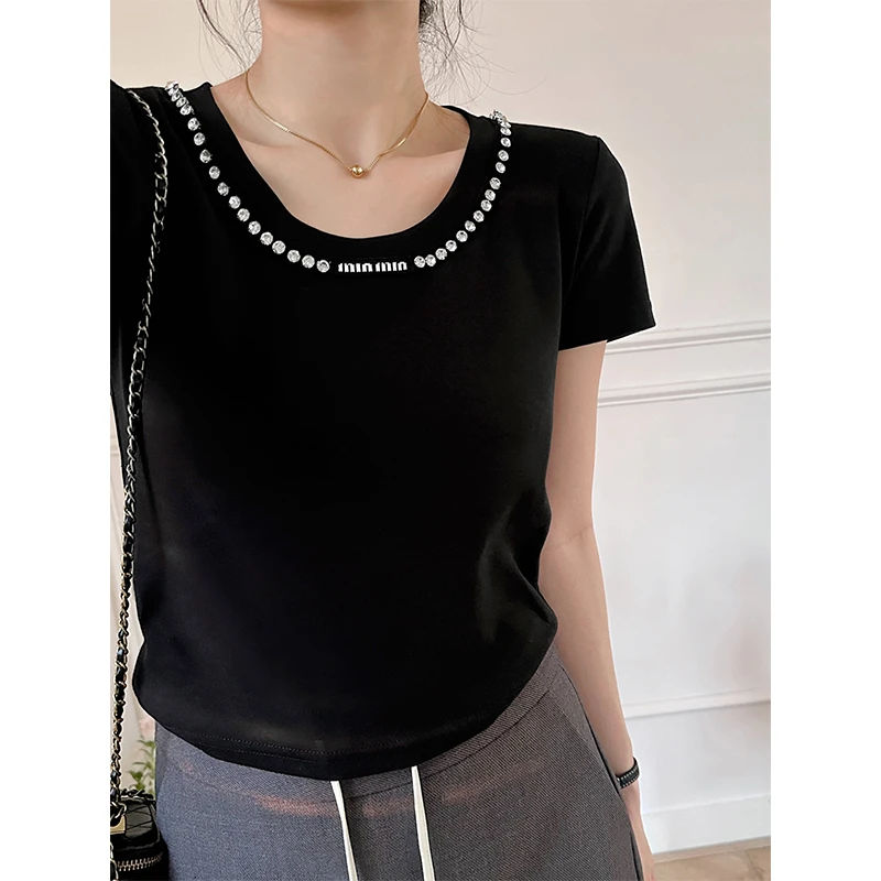 【南油子宸】设计感镶钻T恤夏季圆领修身时尚百搭T恤短袖800386