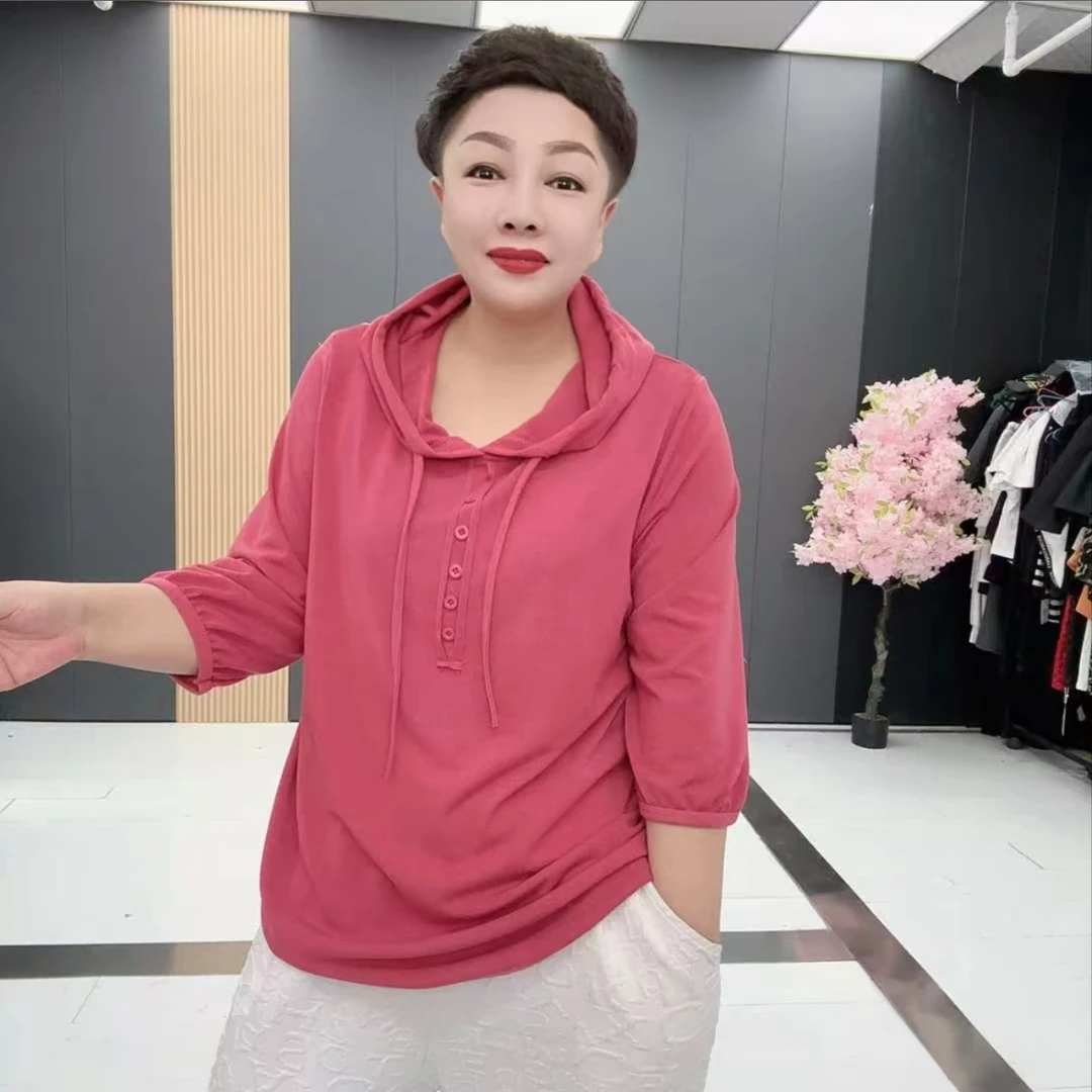 2314#时尚大码休闲常规连帽针织分袖女士百搭上衣衫