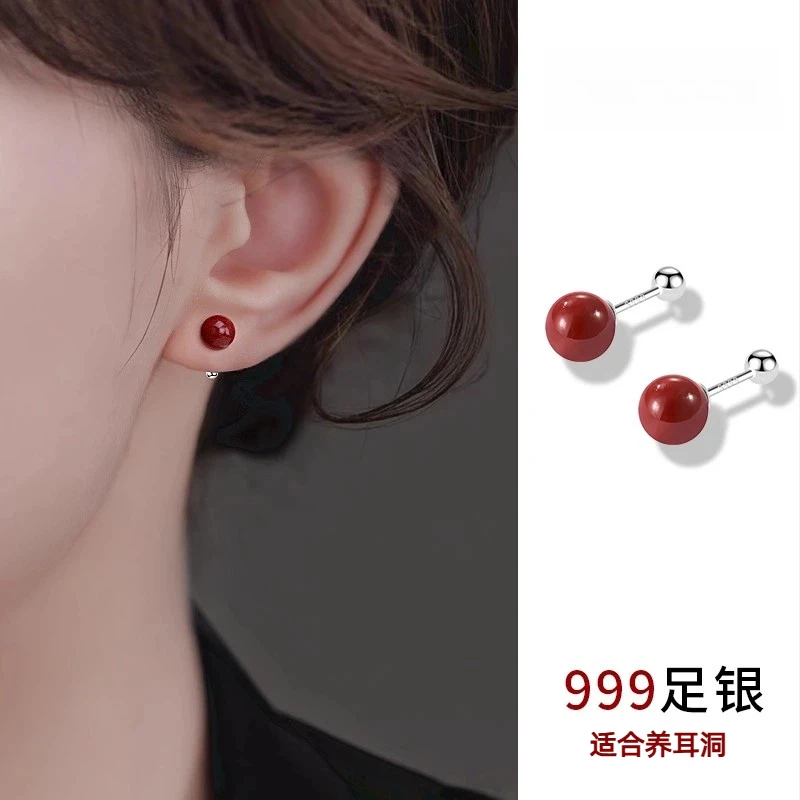 足银耳饰 S999纯银珠砂耳钉女本命年2025新款爆款高级感气质耳环