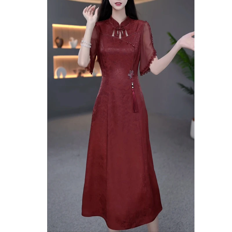 高档冰桑缎喜婆婆礼服裙2025夏季新款时尚新中式国风改良旗袍裙子