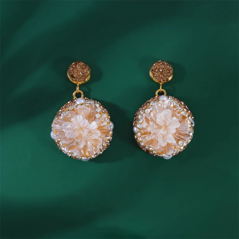 铜合金耳饰 瑞丽拼色欧美植物花卉粉红色耳环轻奢耳饰EF212