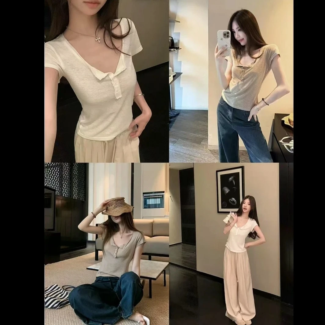 韩系穿搭百搭休闲短袖T恤夏季女半开领时尚修身显瘦纯色气质上衣