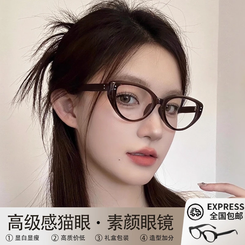 帝格勒猫眼冷茶色眼镜框女近视可配度数复古高级感平光素颜眼睛架