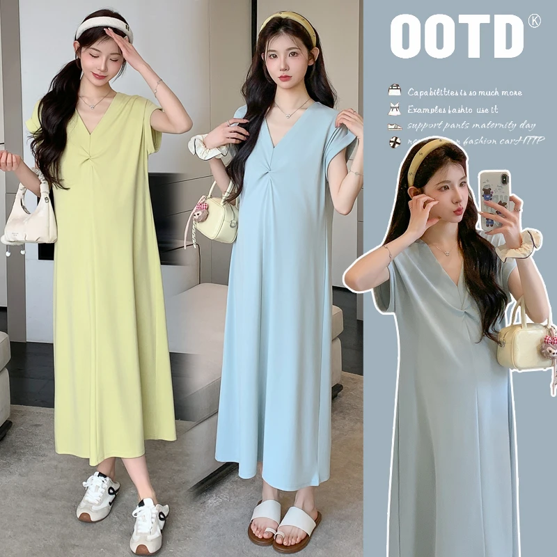 孕妇装2025夏季新款简约经典时尚修身打结孕妇短袖针织连衣裙大码