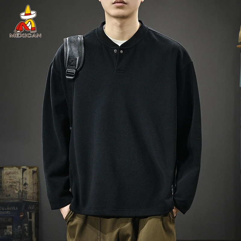 Mexican/稻草人秋季亨利领长袖T恤男士美式潮牌宽松休闲百搭上衣t