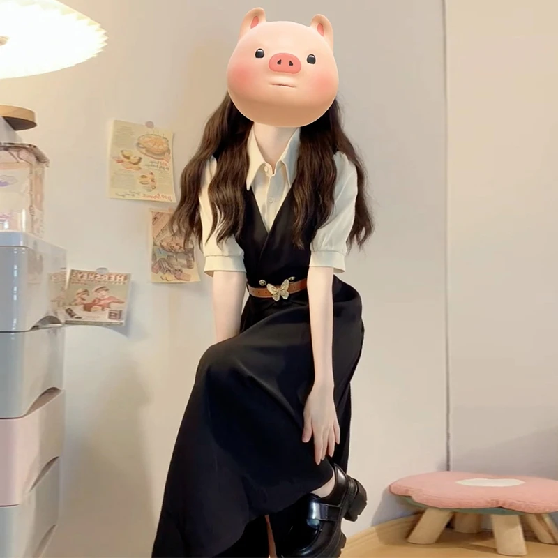 KM4528学院风衬衫背心连衣裙女高级感小个子减龄假两件休闲早春季