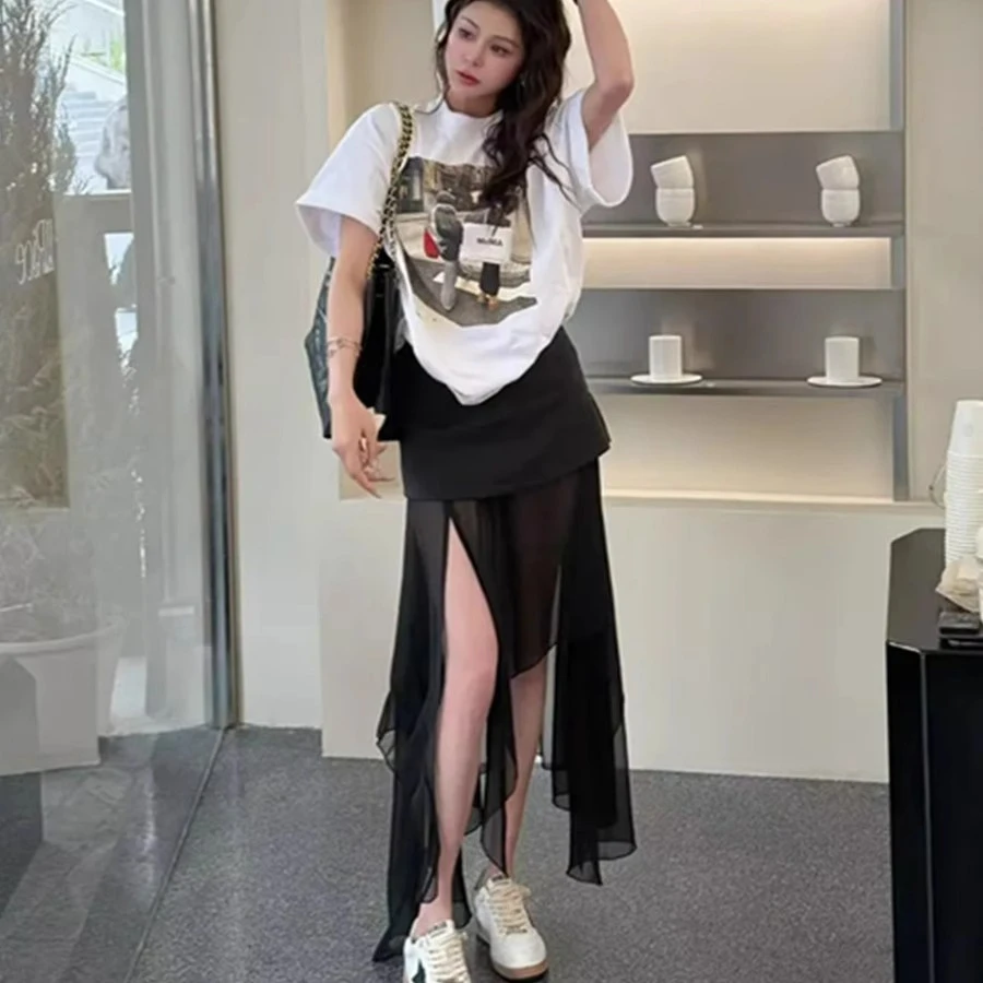 2025夏季新款印花圆领宽松短袖T恤+不规则拼接网纱半身裙两件套女