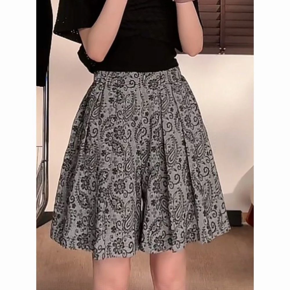 复古腰果花女士夏季宽松高腰阔腿休闲短裤洋气显瘦薄款五分裤韩版