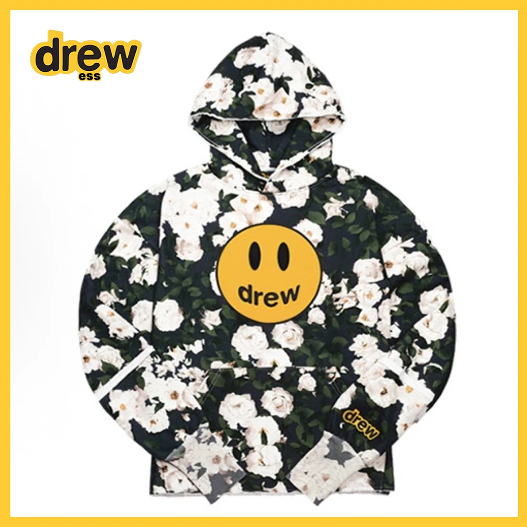 drewessF24Mascot笑脸冰玫瑰毛边卫衣男女同款宽松运动帽衫男士