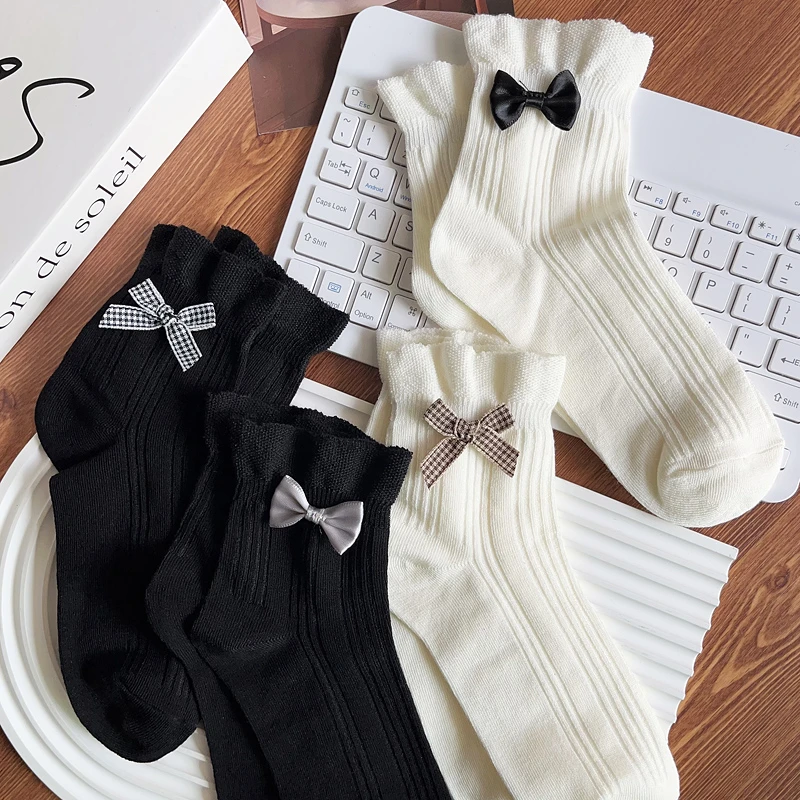 白色花边袜子女可爱棉袜夏季薄款少女风甜美短袜蝴蝶结黑色中筒袜