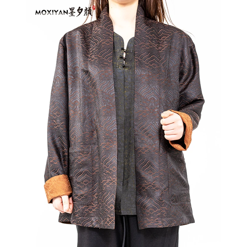 【墨夕颜】2025早春新款桑蚕丝男士 黑咖江崖海水纹道袍-MH-675