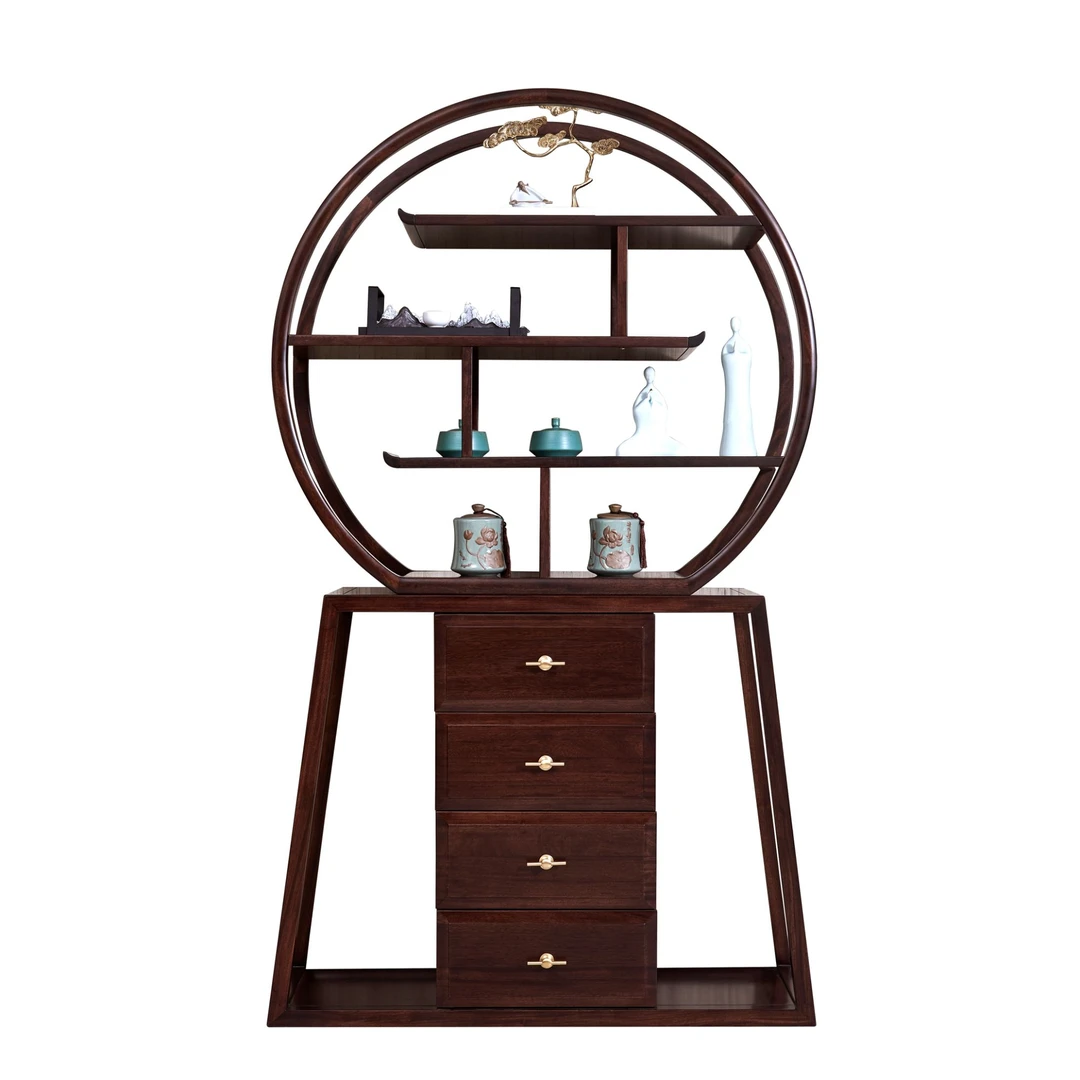 锦福轩 新中式全实木入户玄关柜高端别墅隔断柜黑檀木装饰架