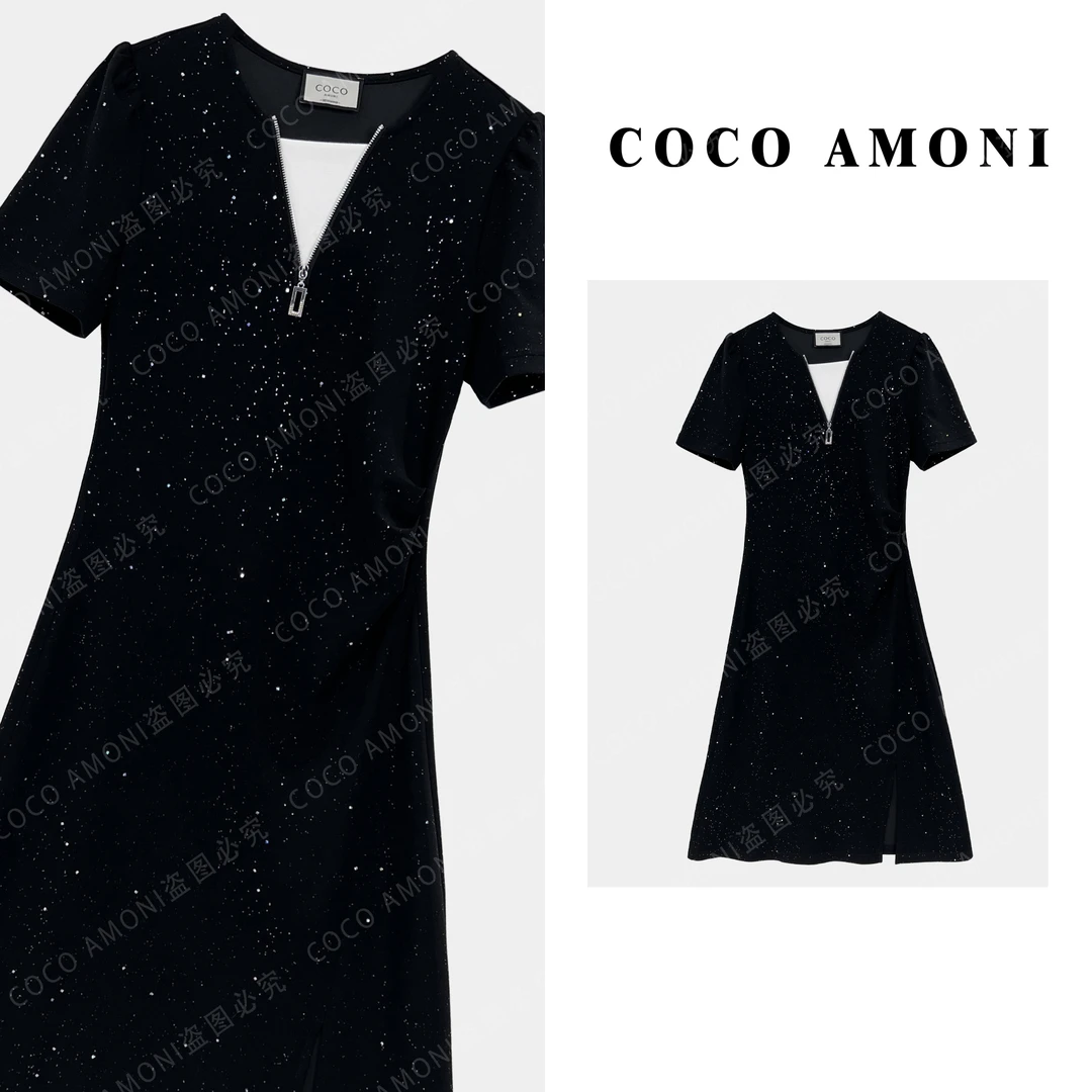 设计师新款高级感气质女装拼接重工满天星收腰显瘦连衣裙AC315