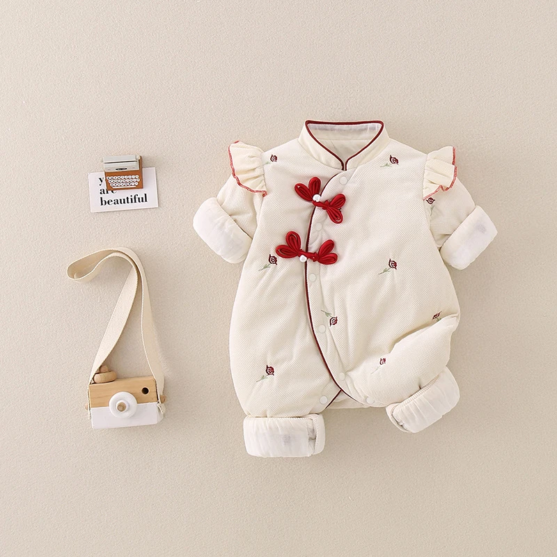 婴儿秋冬款薄棉连体衣女宝宝可爱新生儿加绒保暖新生儿外出哈衣