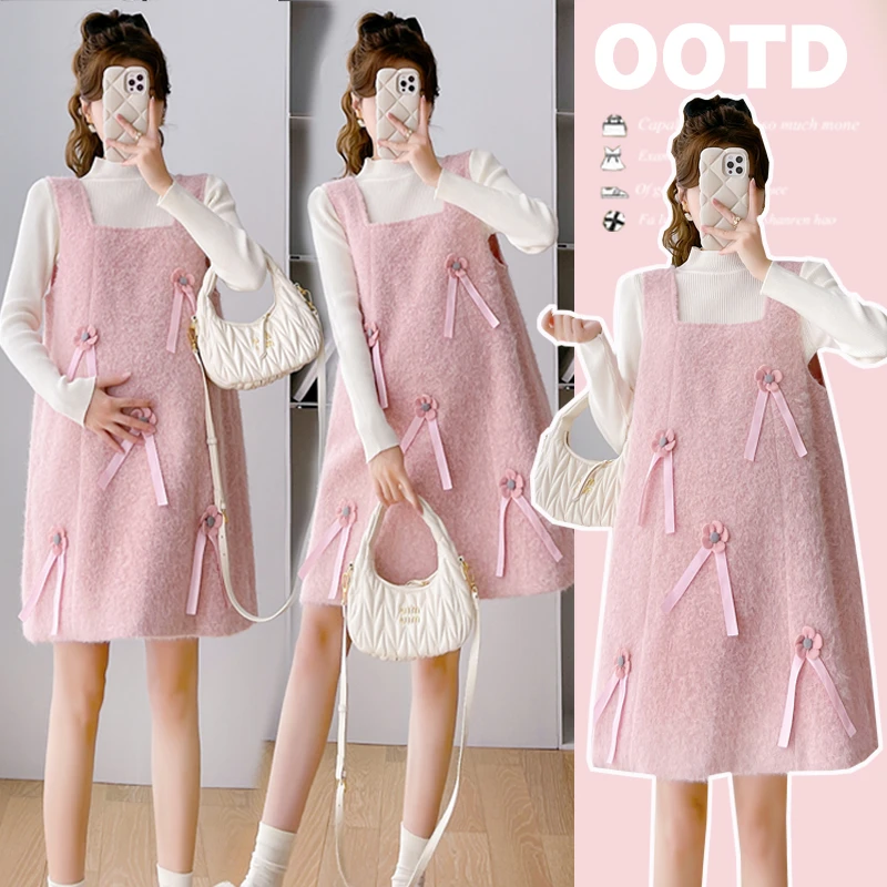 孕妇装秋装2025新款秋冬外穿洋气宽松方领显瘦背心连衣裙T恤上衣