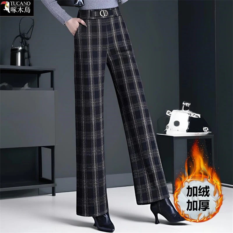 啄木鸟正品时尚百搭秋冬加绒保暖休闲裤新款拼接撞色毛呢阔腿裤女