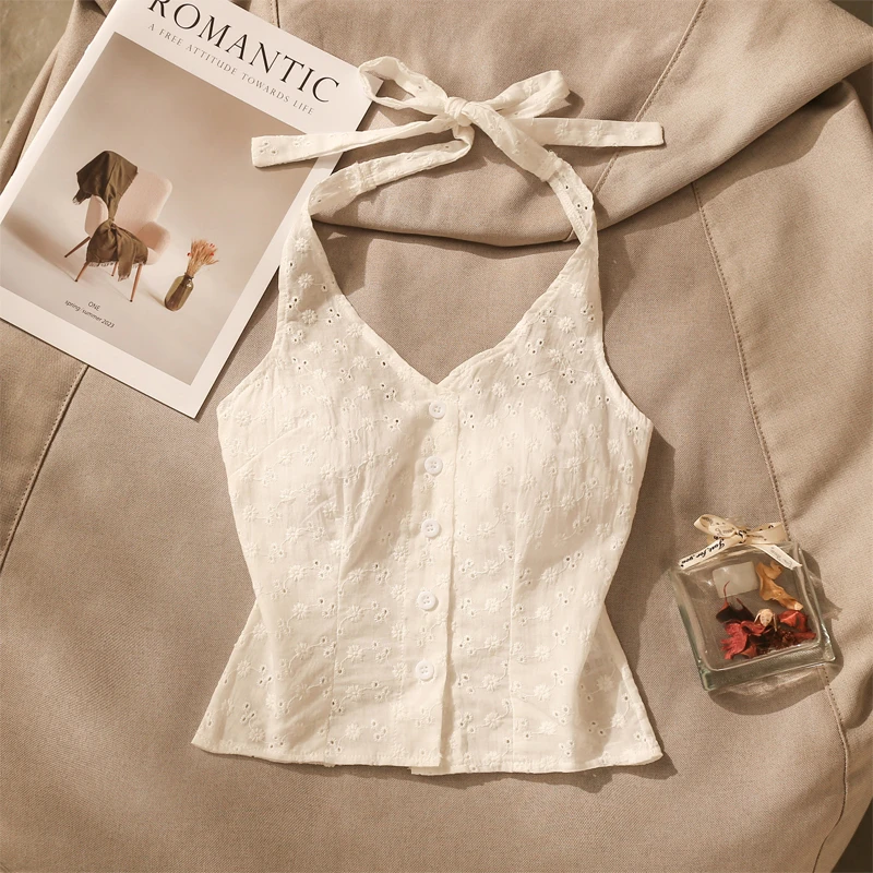高级感提花挂脖吊带背心女夏外穿性感美背修身显瘦设计感短款上衣