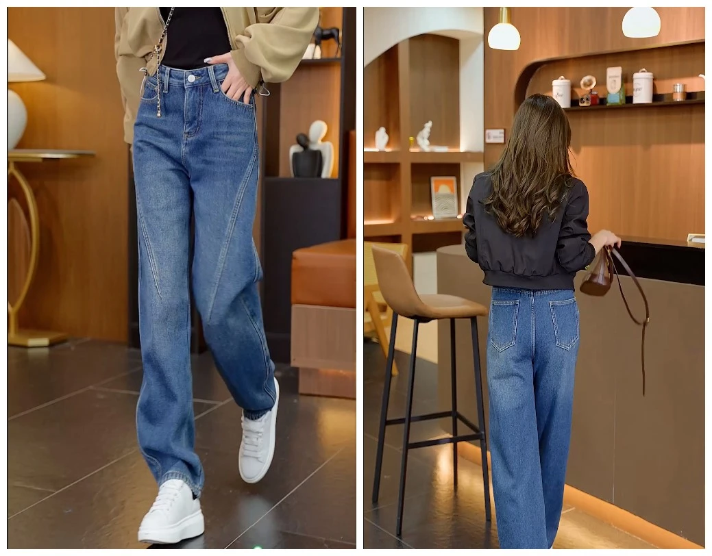 秋冬新款显瘦弯刀牛仔裤女宽松高腰阔腿裤长裤直筒加绒/不加绒