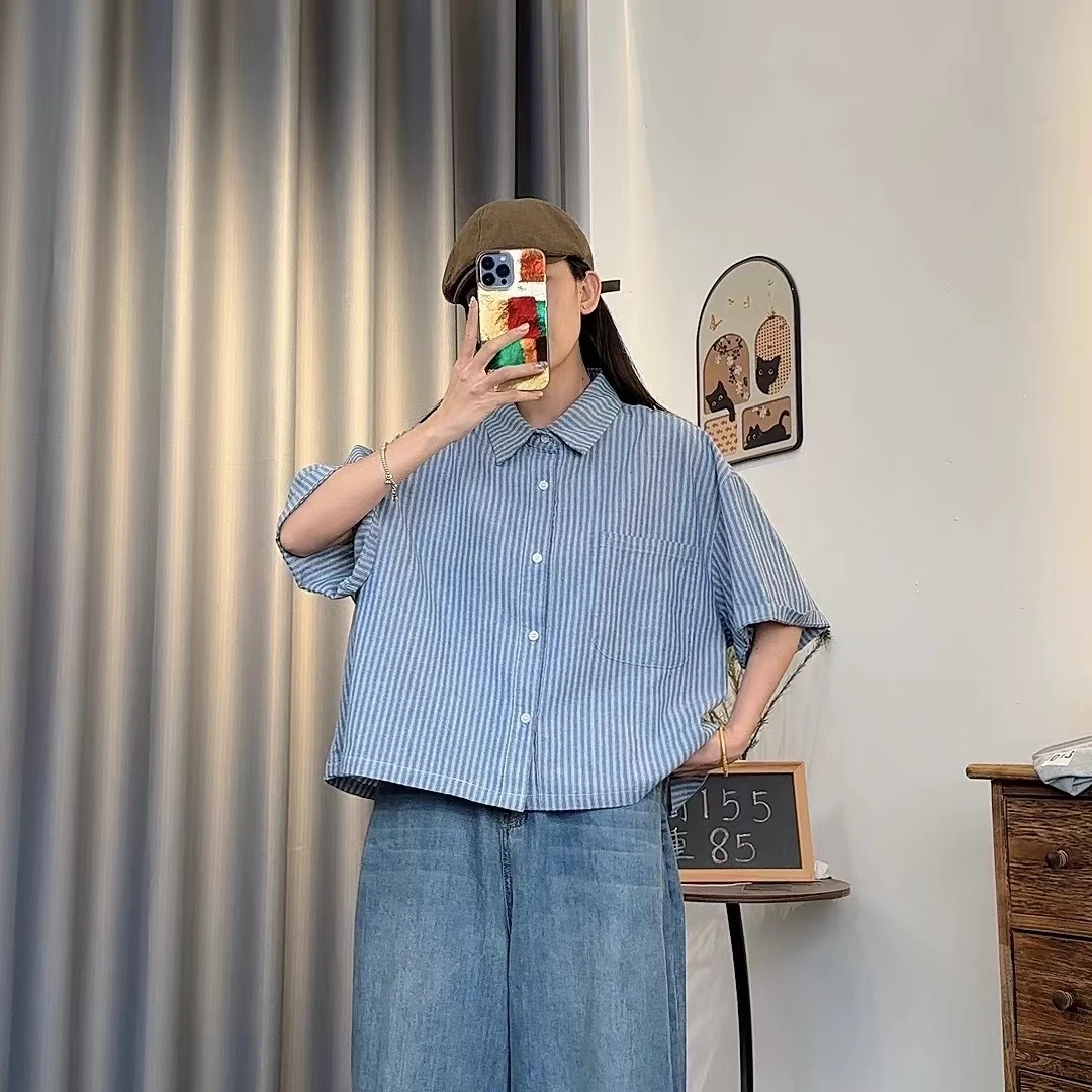 2025常规短袖夏季条纹衬衫日系韩版百搭宽松衬衣