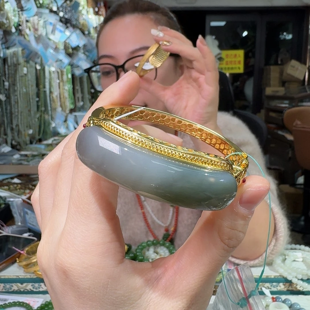 和田玉银S925镀金镶嵌手链