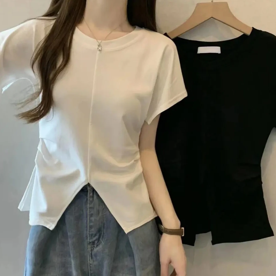 2025夏季新款t恤女上衣设计感韩版不规则拼接开叉时尚修身显瘦
