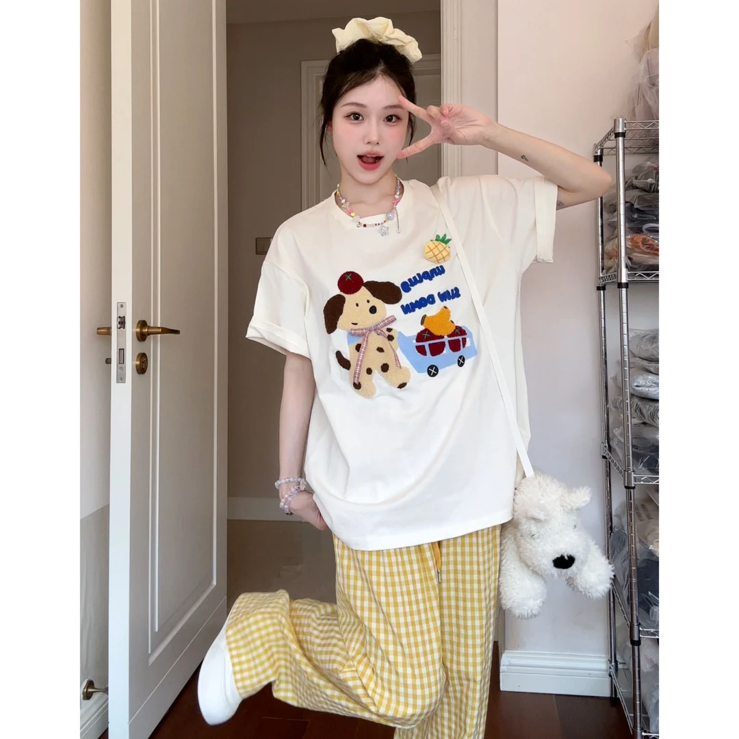 【乌冬自制】“卖水果的小狗”重磅260g纯棉情侣款毛巾绣短袖～